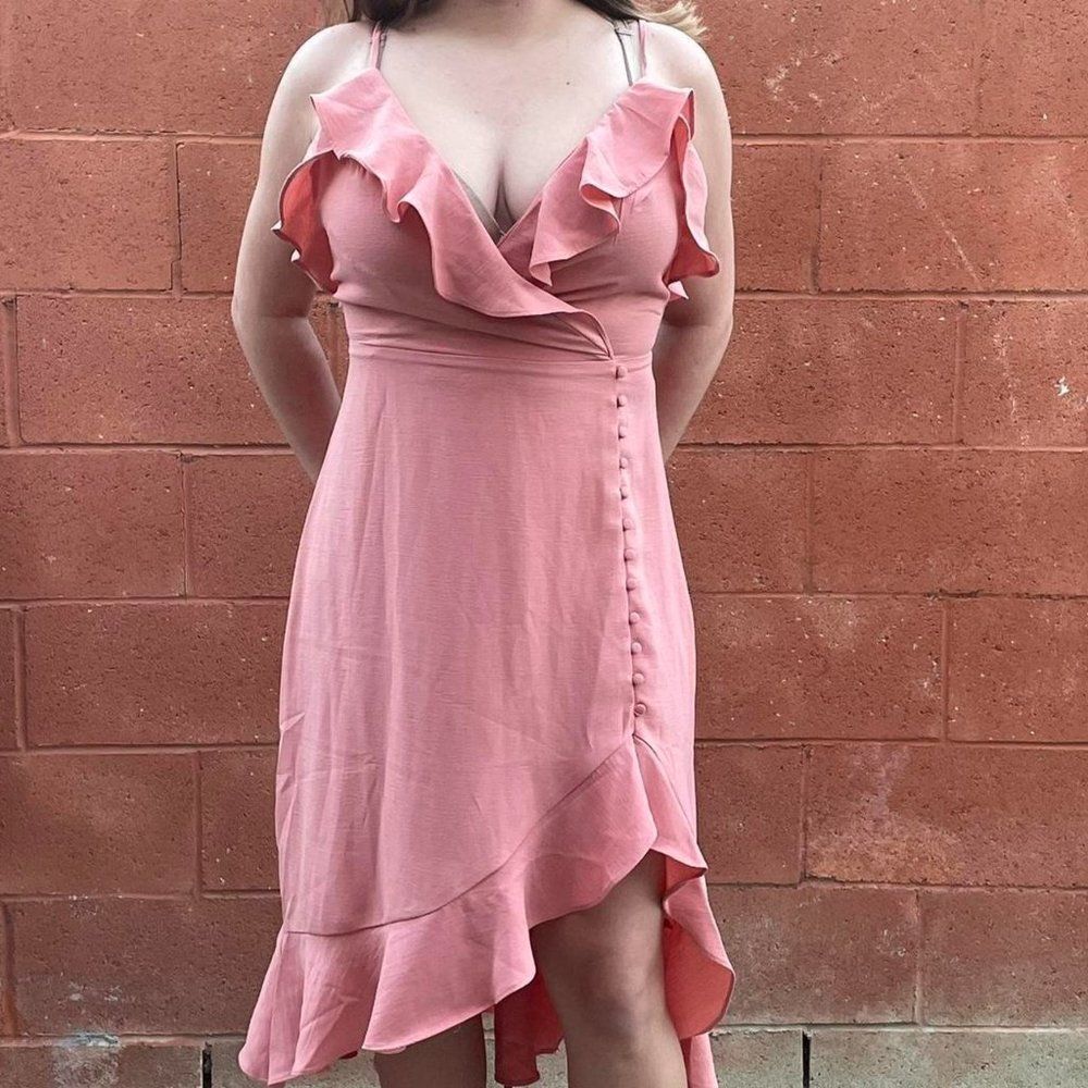 Romantic Blush Pink Ruffle Midi Dress